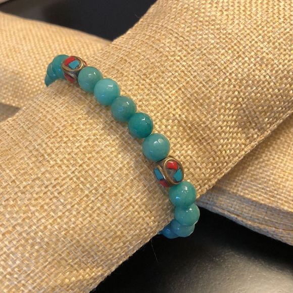 Faceted Jade Bead Bracelet w Bronze Accent Beads w Coral & Turquoise Inlay - Picture 5 of 11